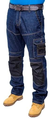 Image of HASHOOB TRADING FZE Men's Work Jeans Trousers Heavy Duty Multi Pocket Cargo Combat Work Trousers Builder Safety Work Jeans (BLUE1-36WX30L)