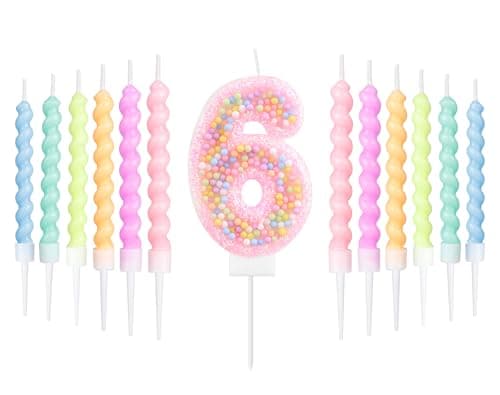 Image of mciskin Macaron 6th Birthday Candle Set, Girls 6th Birthday Decorations,12pcs Pastel Spiral & Number 6 Candles for Cake,Rainbow Cake Topper for Macaron Themed Party Decoration,Baby Showers Supplies