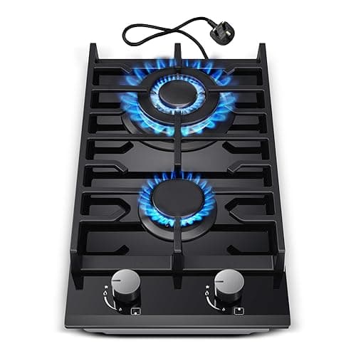 Image of TopStrong Gas Hob 2 burners, 30cm Built in 2 Burners Gas on Glass Hob, NG/LPG Convertible, Flame Out Protection, Cast Iron Supports, 5200W