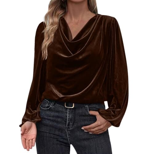 Image of Keepink Womens Tops Vintage Velvet Long Sleeve Top Elegant Cowl Neck Lantern Sleeve Casual Blouse Work Office Business Dressy Outfits Loose Oversized Tunic Shirts Warm Holiday Jumpers