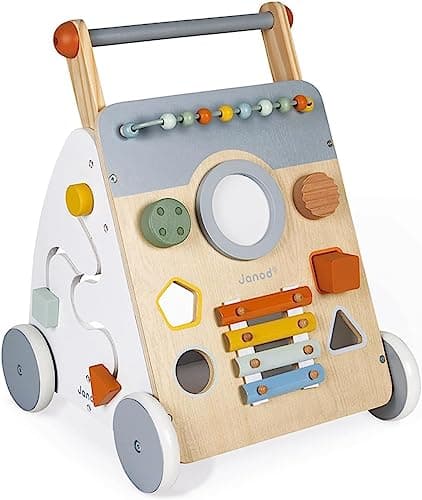 Image of Janod - Sweet Cocoon Multi-Activity Cart - Wooden Push-In Walking Trolley - 9 Activities - Quiet Wheels, Water Based Paint - from 1 Year Old, J04410