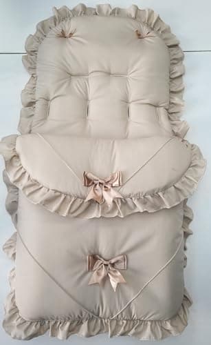Image of Footmuff Cosytoes Universal fit pram Set with Buggy Liner Stroller Beige with Frill Trim and Bow Details