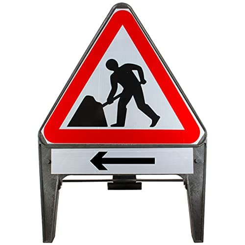 Image of Men At Work With Arrow Left Supplementary Plate 750mm Triangle Road Sign 7001 - Plastic Temporary Road Street Traffic Safety Sign for Road and Street Works - Freestanding with Reflective Sign Face