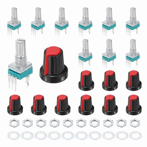 Image of sourcing map 10pcs RK097N B10K Potentiometer, 3Pin Single Linear Rotary Seal Amplifier Logarithmic Potentiometers 15mm Knurled Shaft with Red AG2 Plastic Knob Vertical for Audio Amplifier