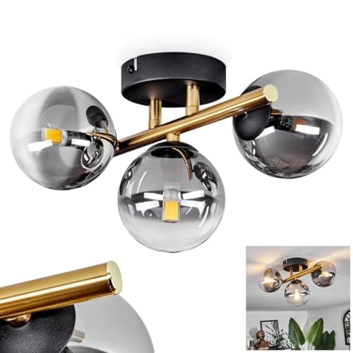 Image of Chehalis Ceiling Light, Ceiling lamp Made of Metal/Glass in Black/Gold-Coloured/Smoke-Coloured/Clear, luminaire in Retro/Vintage Design with Glass Shades (Ø 10 cm), 3 x G9 LED, Without Bulbs