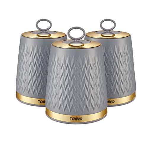 Image of Tower Empire Set of 3 Storage Canisters for Tea Coffee Sugar, Grey and Brass, 1.3L, One Size