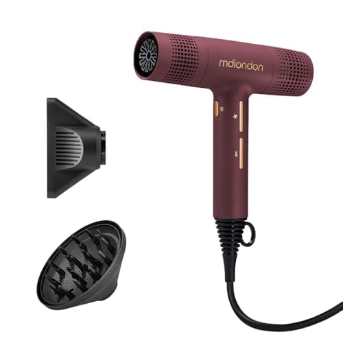 Image of mdlondon Blow Hair Dryer – New & Improved 1600W Hairdryer with Diffuser, Directional Nozzle and Cool Shot – Ultra-Light, Quiet & Powerful Blow Dryer for Straight, Fine, Thick or Curly Hair – Berry