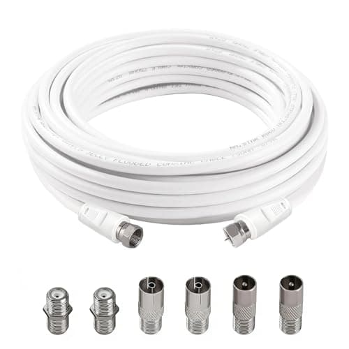 Image of Flomiara TV Aerial Coaxial Cable F Male to F Male, 75 Ohm RG6 Coaxial High Speed TV Aerial Cabl, Fire-Resistant Aerial Connectors with 6 PCS Extension Couplers, for TV, Satellite (White, 5 Meters)