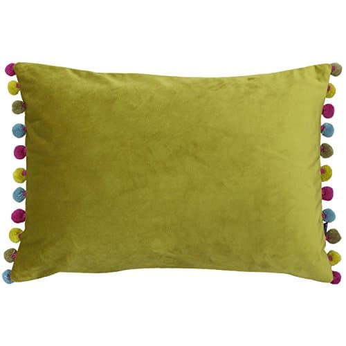 Image of Paoletti Fiesta Rectangular Cushion Cover – Faux Velvet with Pompom Edges (Bamboo/Multi – 35 x 50cm)
