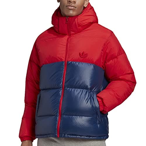 Image of adidas Mens Down Regen Hooded Blocked Puffer Jacket (Large, Scarlet / Collegiate Navy)