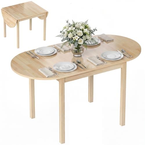 Image of HOMCOM Folding Dining Table for 4-6 People, 140 cm Oval Solid Wood Drop Leaf Table, Kitchen Table for Small Spaces, Dining Room, Living Room, Natural Wood Finish