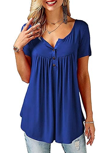 Image of Florboom Ladies Summer Tops Pleated Swing Blouse with Button Up Blue Size 18 20