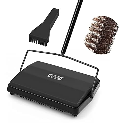 Image of JEHONN Carpet Floor Sweeper Manual with Horsehair, Non Electric Quite Rug Roller Brush Push for Cleaning Pet Hair, Loose Debris, Lint (Black)