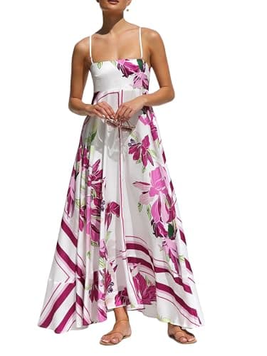 Image of Acrawnni Women Floral Spaghetti Strap Maxi Dress Sleeveless Square Neck Graffiti Print Boho Flowy Long Dress Beach A-line Sun Cami Dress (I-Purple Flower, S)