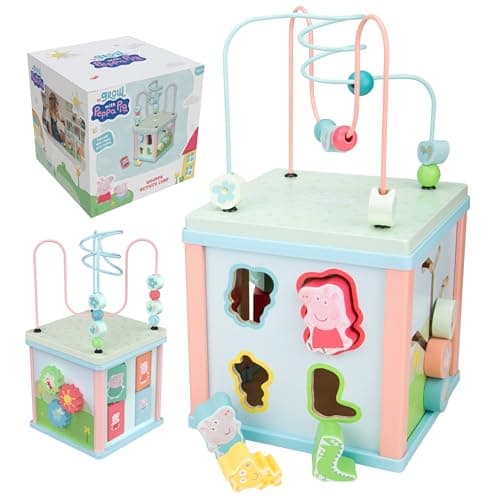 Image of Peppa Pig Wooden Activity Cube for Toddlers 12+ Months Multi Activity Educational Toy with Beads Shape Sorter Spinning Shapes Wooden Gears Fine Motor Skill Play