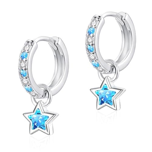 Image of Glintara Silver Hoops Earrings for Women Teenage Girls, 925 Sterling Silver Hoop Earrings with Star Pendant, Small 12mm Huggie Earrings with Aquamarine Zirconia, Hypoallergenic Star Dangly Earrings