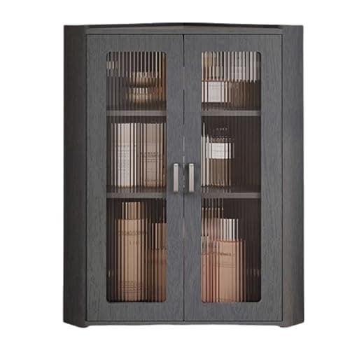 Image of Triangle Corner Cupboard with Reeded Glass Doors - Space-Saving Wall-Mounted Corner Storage Unit with Adjustable Shelves for Bathroom, Kitchen, Utility Room