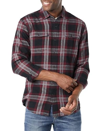 Image of Amazon Essentials Men's Slim-Fit Long-Sleeve 2-Pocket Flannel Shirts, Black Burgundy Plaid, L
