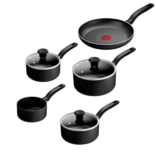 Image of Tefal Titanium Essential 5pc Set: Saucepan 16/18/20 cm + Lids, Milkpan 14cm & Frying pan 24 cm, Non-Stick Coating, Metal Safe, All Hobs Compatible Except Induction, B941S544