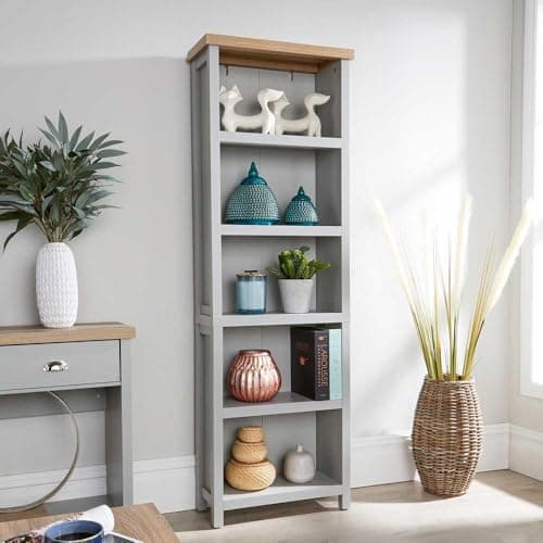 Image of Home Source Tall Bookcase Display Unit, 5 Bookshelves, Oak Effect, Grey