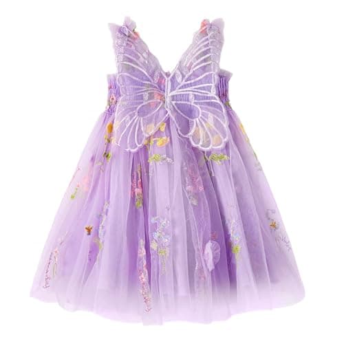 Image of Miipat Baby Girl Dress Tulle Butterfly Toddler Girls Dresses Summer Sleeveless Embroidery Floral Princess Dress for Birthday Wedding Party Purple 130 5-6 Years