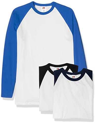 Image of Fruit of the Loom Men's Baseball Classic Long Sleeve T-Shirt Pack of 3, White Black/White Navy/White Royal Blue, Large
