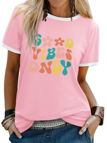 Image of Dresswel Women Good Vibes T-Shirt Flower Graphic Print Tee Shirts Summer Tops(Light Pink,L)