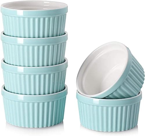 Image of DOWAN Ramekins Set of 6, 120ml / 4oz Porcelain Soufflé Dishes for Creme Brulee & Muffin, Baking Dishes for Cake & Pudding & Ice Cream, Mini Bowl for Dips, Sauces, Snacks and Fruits, Ø 9.0cm-Blue