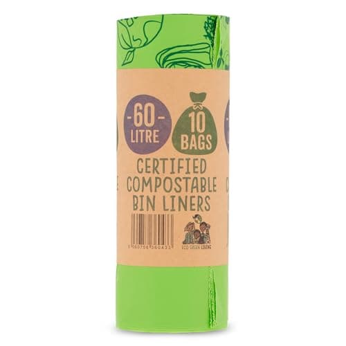 Image of Eco Green Living 100% Compostable Biodegradable Bin Liners 60L Bin Bags For Food Waste, Kitchen Tall Bin Liners, Vegan, Strong, Leakproof, BPA Free, Recyclable, 1 Roll, 10 Bags