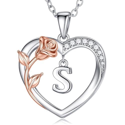Image of M MOOHAM Silver Initial Necklaces for Women, 14K White Gold Plated Heart Initial S Pendant Necklace Dainty Letter Necklaces for Womens Girls Jewellery Birthday Gifts for Women Mum Wife Girlfriend