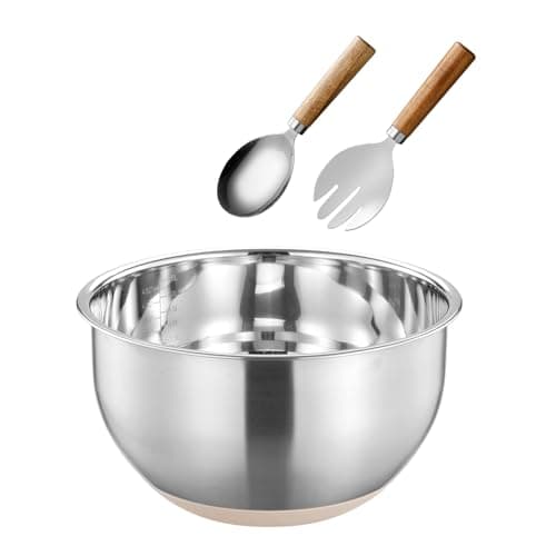 Image of Salad Bowl and Server Set Stainless Steel Salad Mixing Bowl with Salad Spoon & Fork Large Metal Kitchen Bowl for Food Preparing and Serving, 26cm, Dishwasher Safe (with non-slip silicone bottom)