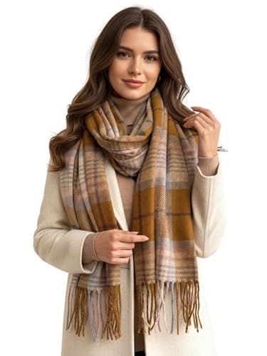 Image of The Accessory Co. Tartan Scarf for Women - Checked Scarf Shawl Wrap, Long & Large Warm Wool Winter Scarves, Plaid Ladies Blanket Scarf - Gift for Women, Womens Gifts (Camel Pink)