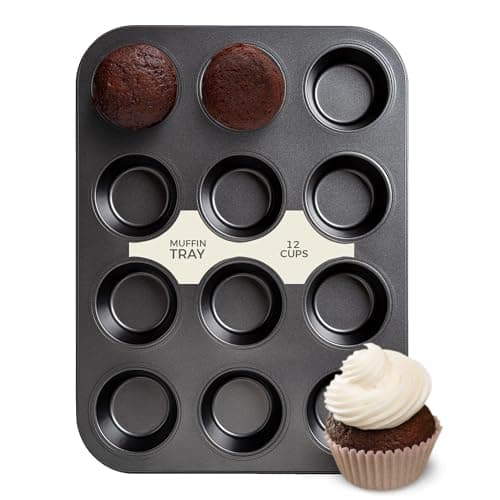 Image of AXXTAN 12-Cup Deep Non-Stick Muffin Tray for Baking – Heavy-Duty Carbon Steel Muffin Tin | Cupcake Tray with Easy Release Coating | Dishwasher, Oven & Freezer Safe Bakeware (Black)