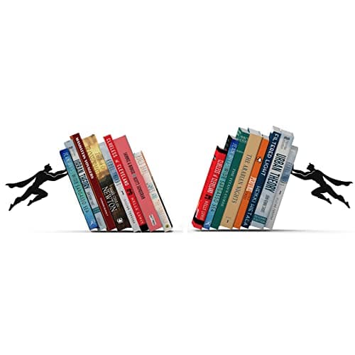 Image of Unique Black Metal Decorative Bookends - Whimsical Hidden Book Ends for a Cool Book Holder Display - Cute Home Decor and Modern Gift Idea for Shelves Desk or Table (Superhero - Set of 2)
