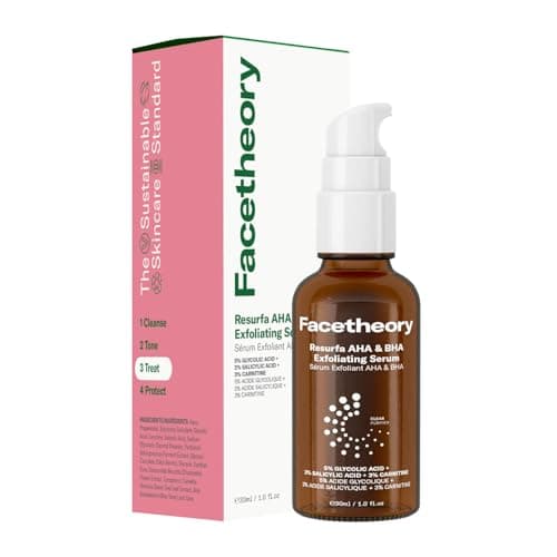 Image of facetheory Resurfa AHA & BHA Exfoliating Serum - 5% Glycolic Acid, 2% Salicylic Acid & 3% Carnitine - Skin Smoothing & Blemish Reducing (30 ml)