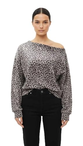 Image of Boomca Leopard Print Off-Shoulder Sweatshirt, Long Sleeve, Grey and Black Animal Print Top (UK, Alpha, M, Regular, Regular, Leopard)