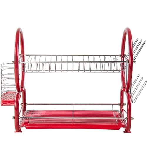 Image of 2 Tier Dish Drainer Rack with Drip Tray Red Metal & Plastic Kitchen Drying Rack with Utensil Holder Modern Space Saving Dish Drying Organiser