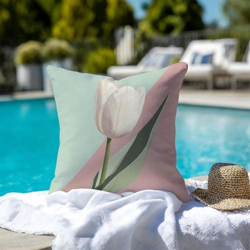 Image of Meiaiao Outdoor Cushion Covers 55x55 cm Waterproof & Durable Velvet Decorative Cushion Cover for Garden Furniture Patio, Pink & Tulip Scatter Cushion Case for Living Room, (Single Cover) 2B-1237