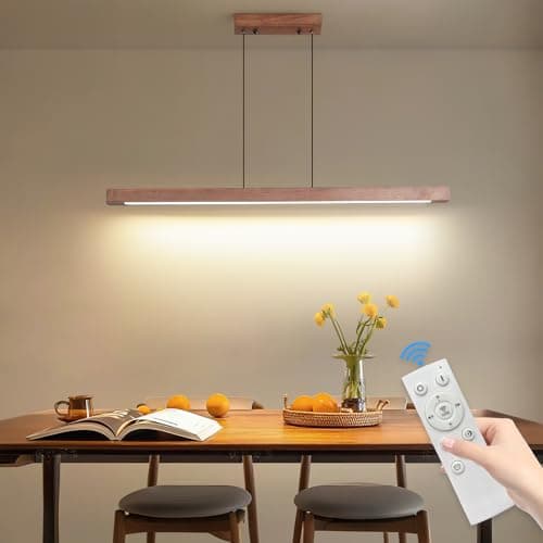 Image of SHINELUX Dimmable Wood Pendant Light 3000k 4500k 6500k, Linear LED Ceiling Light with Remote Control for Dining Room, Living Room, Hallway