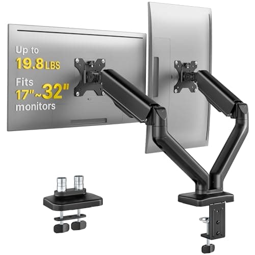 Image of monTEK Dual Monitor Arm Gas Spring, Full Motion Desk Mount for 17-32 inch Screens, Up to 9kg, VESA 75x75/100x100, Tilt, Swivel&Rotation Adjustment, Clamp & Grommet Fixing, Built-in Cable Management