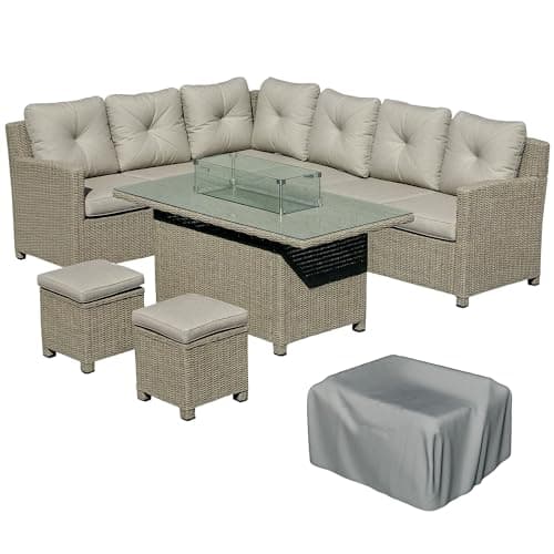 Image of Outsunny Rattan Garden Furniture with Fire Pit and Waterproof Cover, 8 Seater Garden Corner Sofa Set with 11.8 KW Fire Pit Table, Ottomans and Olefin Cushions, Outdoor Conservatory Furniture, Grey