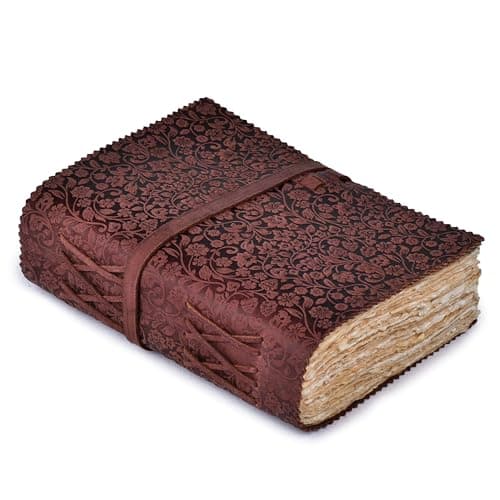 Image of LEATHER VILLAGE Leather Bound Floral Embossed Journal for Women Men - 200 Pages, 6”X4”(A6), Fuchsia - Book of Shadows, Vintage Blank Paper Travel Diary, Notebook for Writing, Drawing, Sketchbook