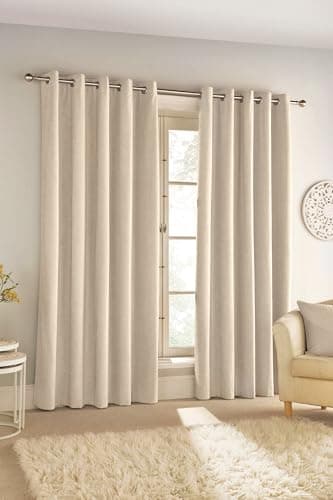 Image of Enhanced Living Savoy Cream Velvet Chenille 100% Blackout Thermal Eyelet Curtains - 66 x 72 inch (168 x 183cm) - Energy Saving & Noise Reducing Curtains for Living Room & Bedroom
