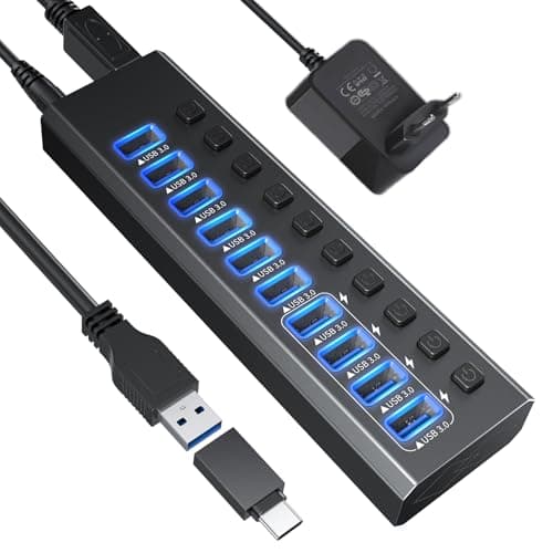 Image of Powered USB 3.0 Hub Aluminum 10 Port USB 3.0 Data Hub with 12V/4A (48W) Power Adapter and Individual On/Off Switches & LED