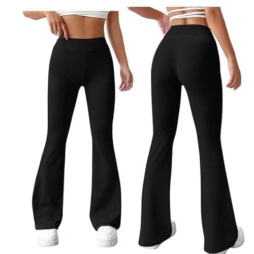 Image of Women’s Flared Trouser High Waist Ladies Boot Cut 27", 29" & 31" Leg Length Ribbed Stretch Work Pants –Pull On Flare Bottom for Women Gym Office Work wear Slack- Black 10W/31L