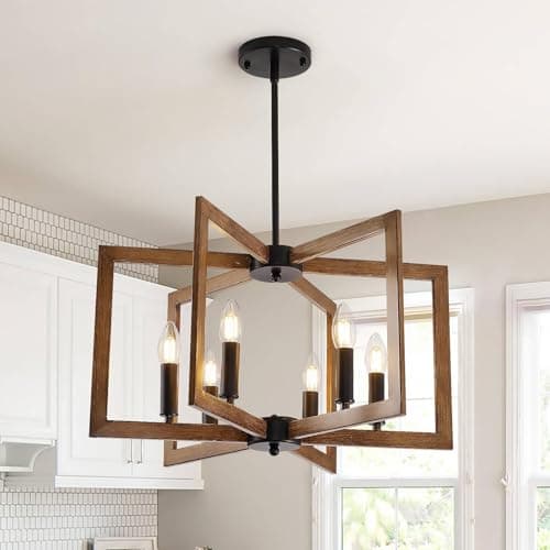 Image of HvKvHvY Vintage Chandeliers Ceiling Light,E14 Geometric Farmhouse Pendant Light 6 Light Industrial Metal Ceiling Lights Living Room for Kitchen Island Hallway Dining Room Entryway (Black,Wood)