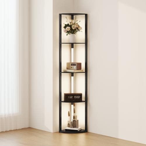 Image of HOMCOM LED Floor Lamp with Shelves, 5-Tier Dimmable Standing Lamp with Adjustable Brightness and Foot Switch, Modern Corner Display Fan-Shaped Shelf Unit for Living Room Bedroom Office, Black