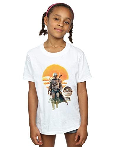 Image of Star Wars Girls The Mandalorian Sunset Poster T-Shirt White 3-4 Years