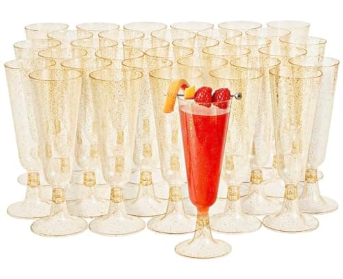 Image of MATANA 50 Premium Plastic Champagne Flutes with Gold Glitter, 150ml / 5oz - Reusable Prosecco Glasses, Champagne Glasses, Plastic Flutes for Cocktail, Wine, Dessert, Weddings, Parties