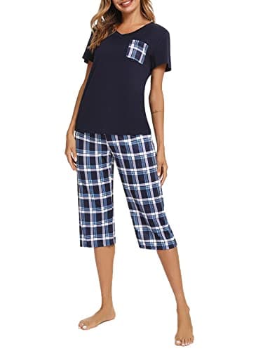 Image of iClosam Women's Pyjamas Set Cotton Pajamas Sleepwear Short Sleeve Loungewear Top and Checked Capri Pants Pjs Set Soft Nightwear Blue